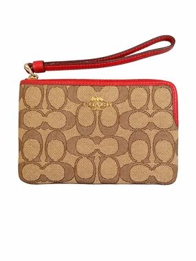 Coach F58033 Signature Canvas L-Zip Wristlet – Khaki/Brown with Red Leather Trim